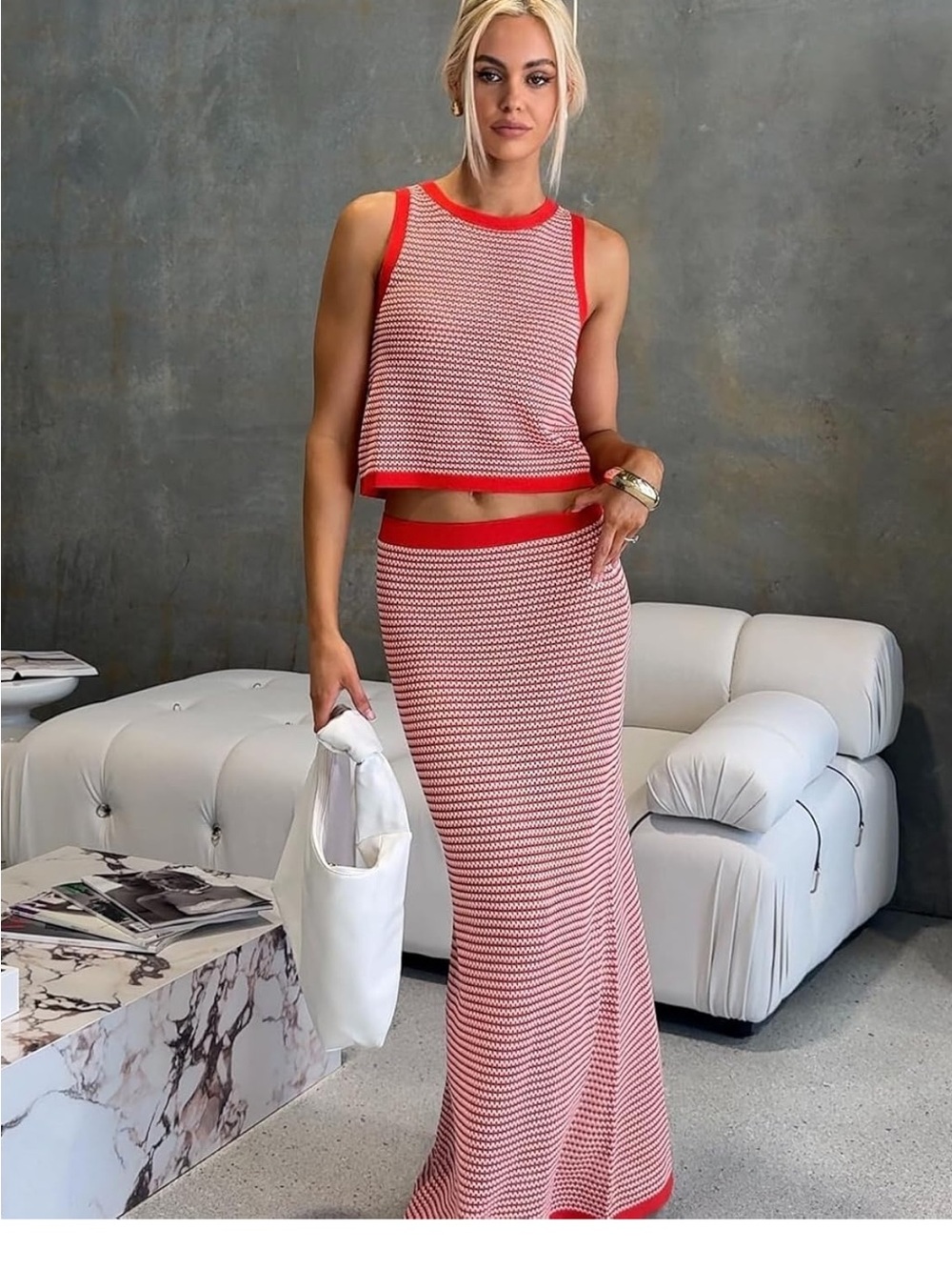Amazon Red and White Striped Knit Maxi Two-Piece